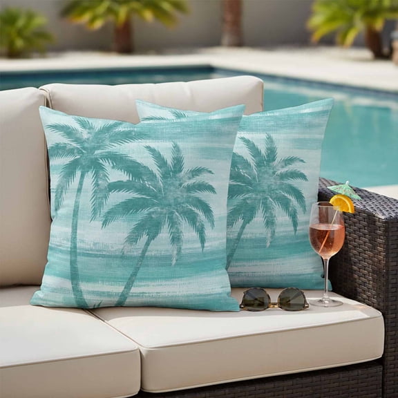 Teal Coastal Tree Outdoor Pillow Covers 20x20 Inch Throw Pillow Covers Set of 2 Waterproof Decorative Pillow Cases Vintage Palm Tree Summer Tropical Botanical Cushion Covers for Patio Furniture