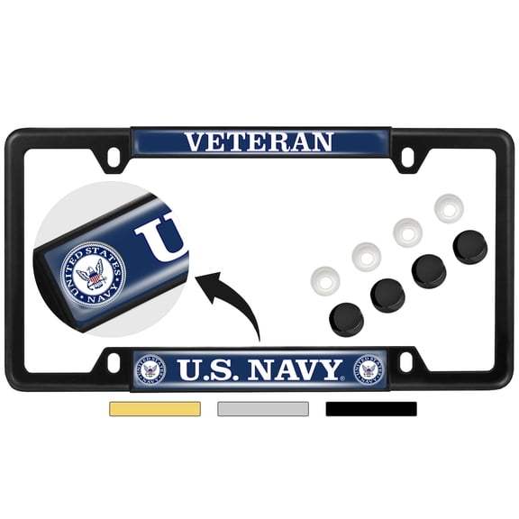BestLicensePlateFrames Veteran US Navy Thin Top 4 Hole Metal License Plate Frame with Caps, Black