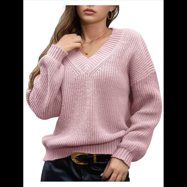 Suéter de Larga con Cuello en V para Mujer, Suéter Holgado de Punto Grueso de Gran Tamaño. Rosa S