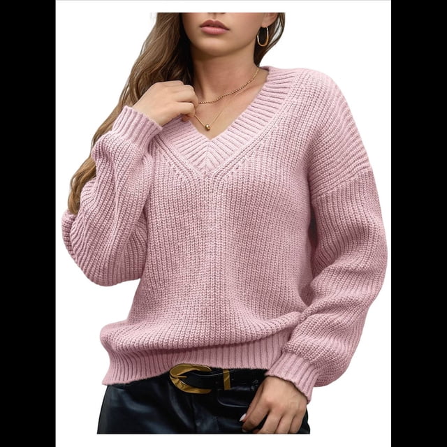 Suéter de Larga con Cuello en V para Mujer, Suéter Holgado de Punto Grueso de Gran Tamaño. Rosa S