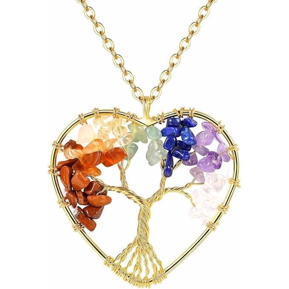 Colorful Crystal Pendant Necklaces for Women Fashion 18k Gold Plated Stainless Steel Tree of Life Heart Necklace Jewelry Gift on Clearance
