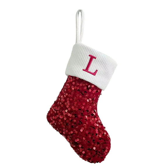 Red Glitter Sequins Monogram Christmas Stockings with Initials Personalized Embroidered Letter Hanging Decorations for Fireplace Xmas Tree Home Decor Family Xmas Sequin Stocking for Holiday Party