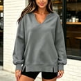 thumbnail image 4 of thefmos Women's Deep V Neck Long Sleeve Sweatshirt Side Slit Plus Size Solid Color Casual Fashion Pullover Fall Winter Clothes, Gray XL, 4 of 6