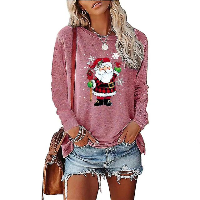 light grey Camiseta de manga larga navideña con cuello redondo de Papá Noel para mujer
