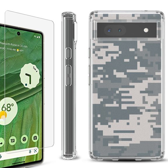 Shockproof Bumper Phone Case for Google Pixel 6a, with Tempered Glass Screen Protector, by OneToughShield ® - Digital Camo