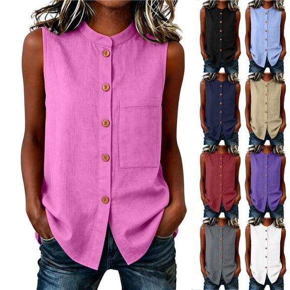 Otntypg Womens Cotton Linen Tank Tops Trendy Sleeveless Summer Casual Button Down Beach Vacation Shirts Lightweight Gauze Oversized Boho Blouse with Pockets