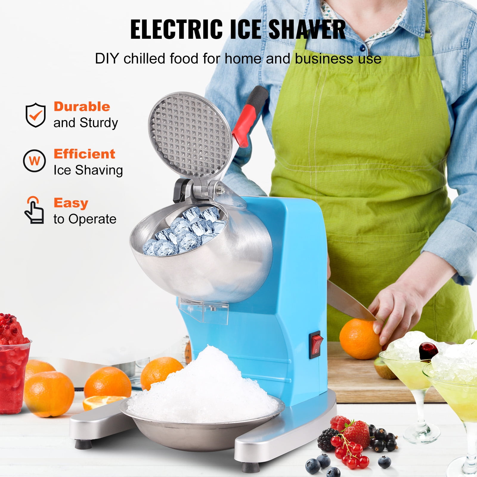 VEVOR Ice Crusher Machine 286lbs Per Hour Electric 4 Blades Snow Cone Maker Stainless Steel Shaved Ice Machine With Bowl And Cover 300w 2000rpm Ice Shaver For Home And Commercial Use Blue