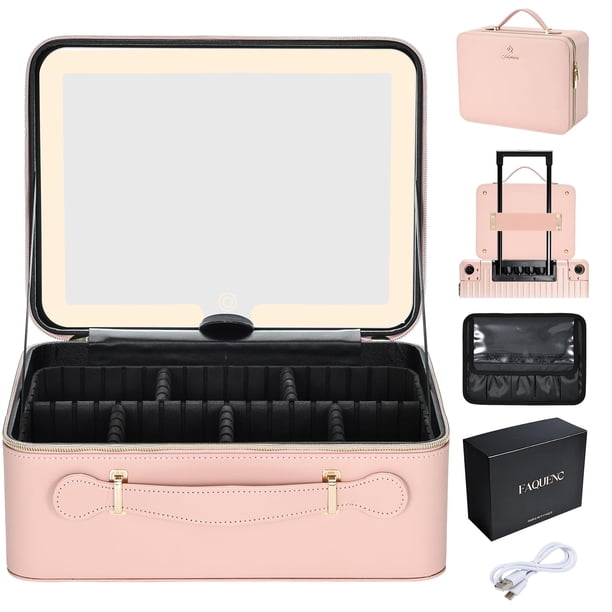 Estuche de maquillaje Faquenc Leather con espejo iluminado por LED y soporte para brochas
