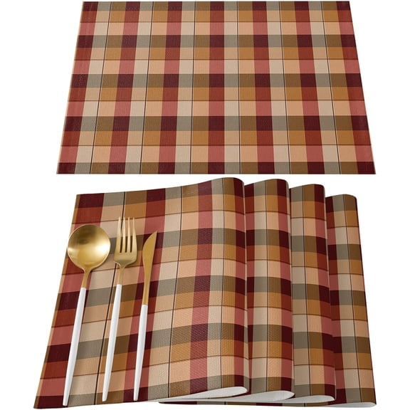 Red Brown Tartan Placemats Set of 4 Rustic Farmhouse Beige Plaid Washable Woven Burlap Cloth Fabric Placemat for Square/Rectangle/Round/Oval Dining Table, Easy Clean Place Mats for Toddlers, Kids