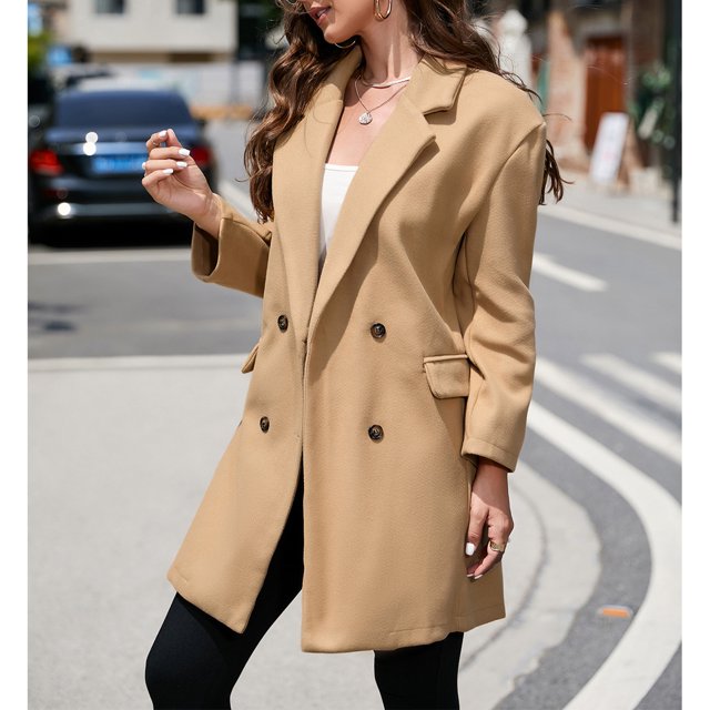 Notched Collar Coat, Elegant Turn Down Collar Double Breasted Coat Pure Color For Shopping ANGGREK No