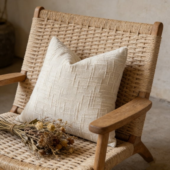 Textured Chenille Throw Pillow Cover 18x18 Inch, Cream White Thick Soft Plush Cushion Case, Invisible Zipper Non-Pilling, for Sofa Couch Farmhouse Home Decor