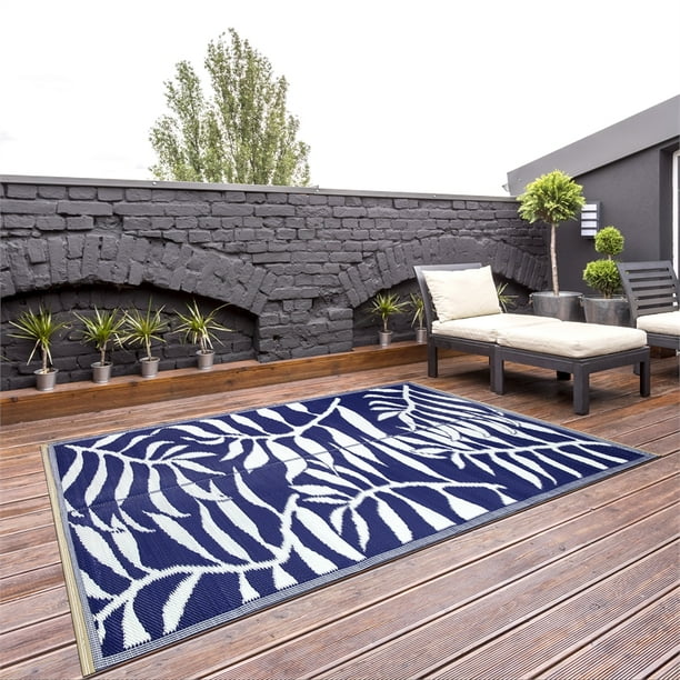 Outdoor Reversible Area Rug 4x6 Leaf Pattern Blue White Walmart