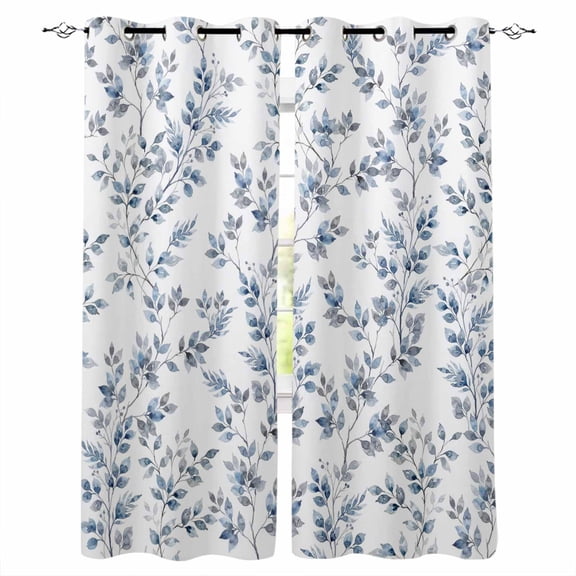 Blue Leaves Blackout Curtains for Bedroom Living Room Darkening Curtains 63 Inches Long Summer Botanical Elegant Pastoral Window Curtain 2 Panels Set Insulated Window Treatment Grommet Drapes 52"x63"