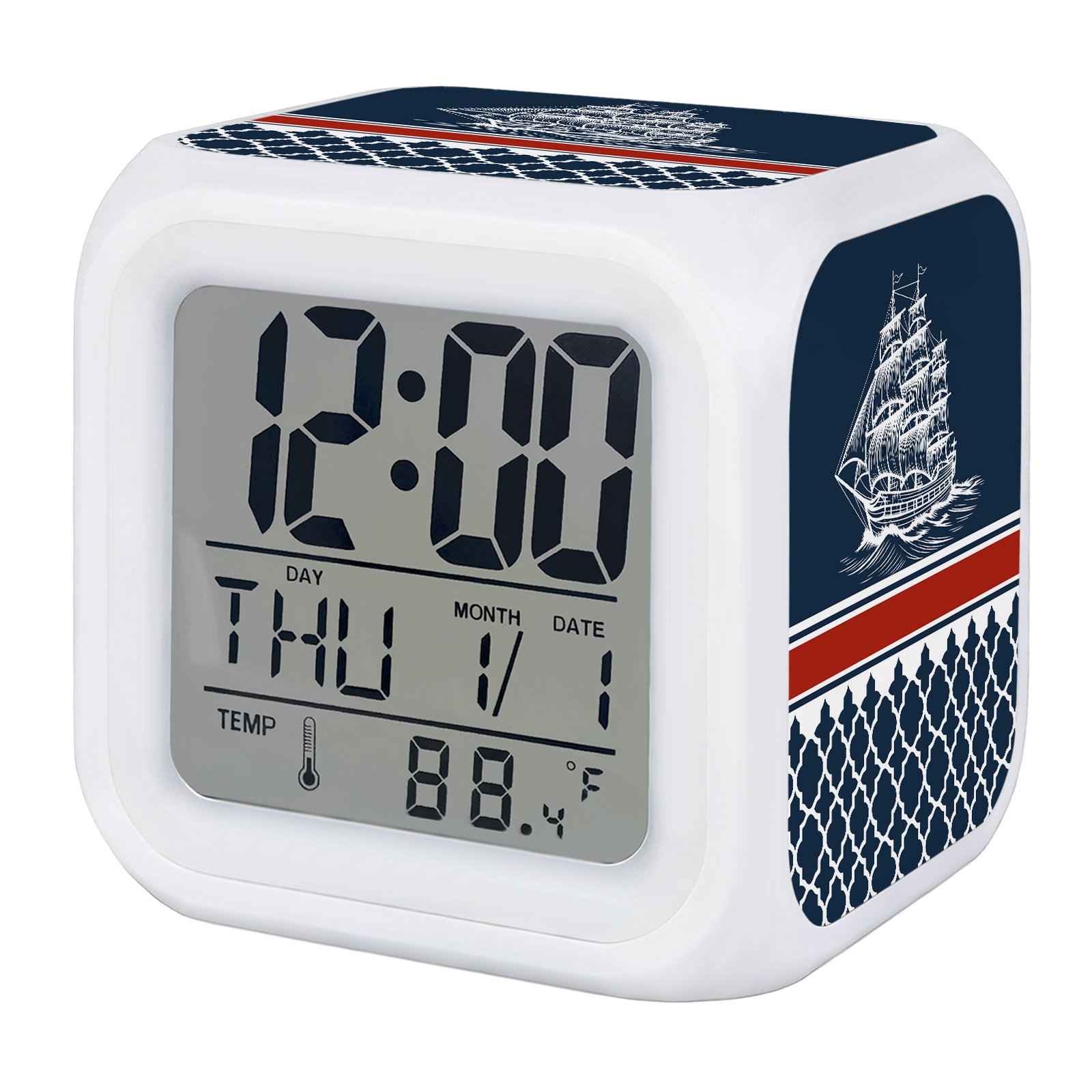 Nautical Sail Alarm Clock, Nautical Boat Red Stripe Plaid Navy Blue Digital Clock Night Light with photo Nautical Sail Alarm Clock, Nautical Boat Red Stripe Plaid Navy Blue Digital Clock Night Light with