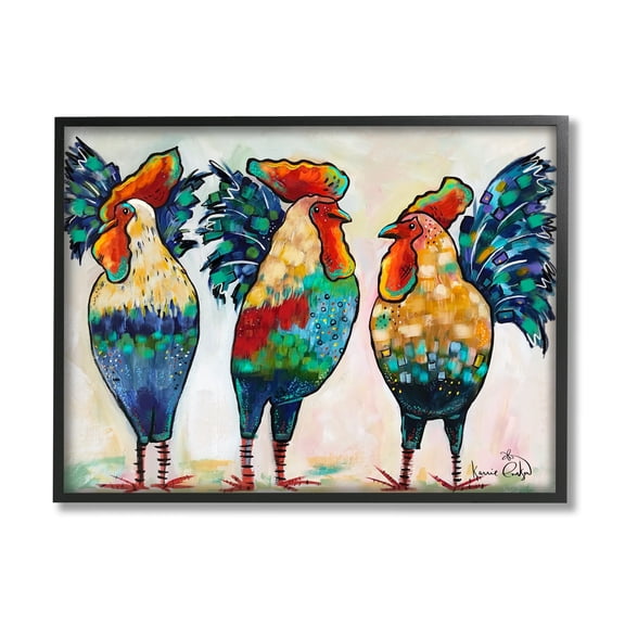Stupell Industries Bold Patterned Chickens Hens Vivid Feathers Standing Painting Black Framed Art Print Wall Art, Design by Karrie Evenson