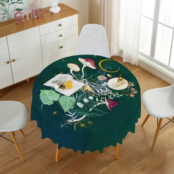 Nanqianyi Deep Green Round Tablecloth 60 inch, Mushrooms Plants Leaves Pattern for Kitchen Table Decoration Circle Cover