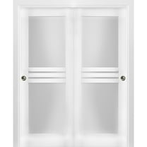 Sliding Closet Opaque Glass 4 Lites Bypass Doors 72 x 96 inches / Mela 7222 White Silk / Rails Hardware Set / Wood Solid Bedroom Wardrobe Doors