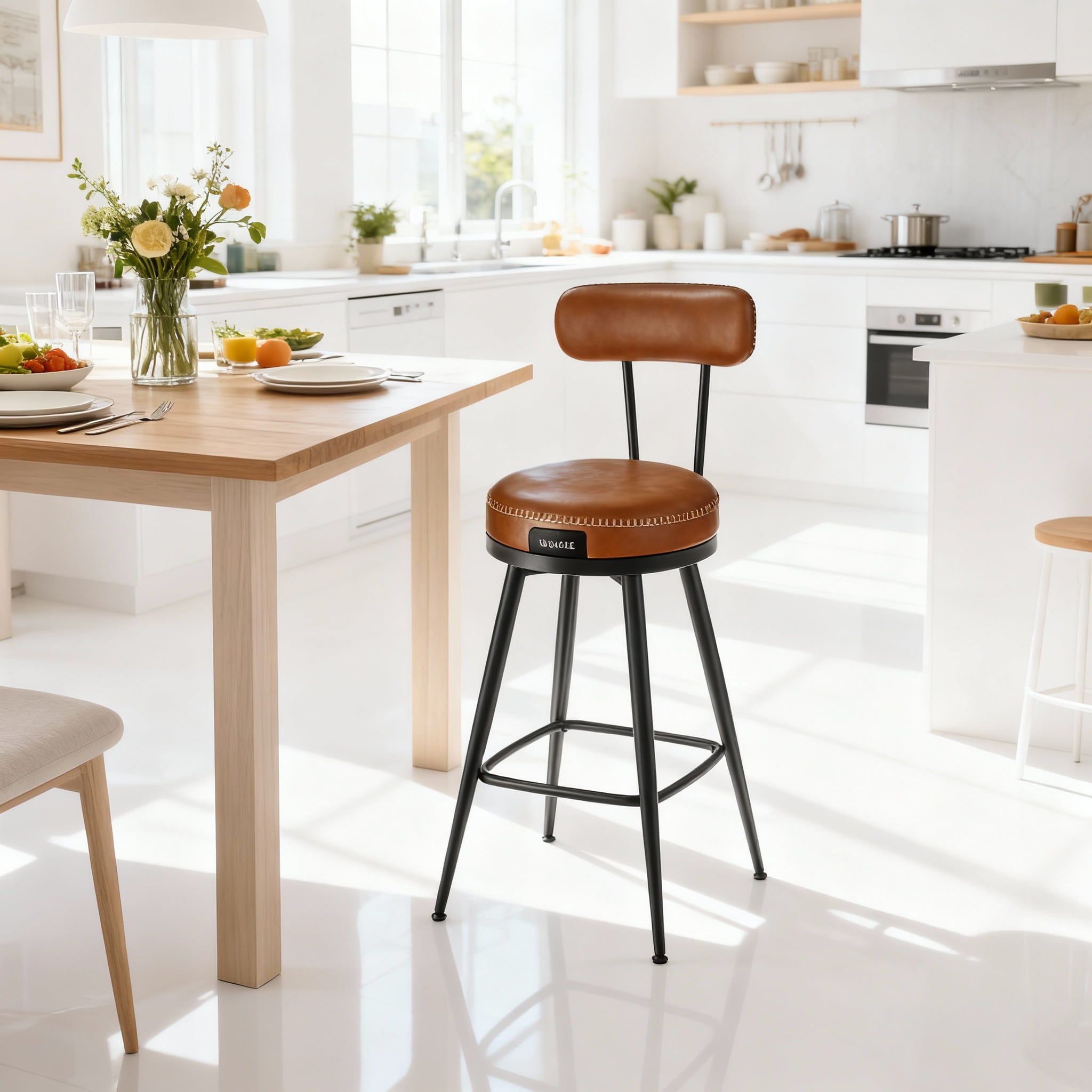 LEDREM Set of 2 Swivel Counter Height Bar Stools with Back,Kitchen&Home Bar Chairs,Padded Synthetic Leather Seats,25.6-Inch Tall,Caramel Brown