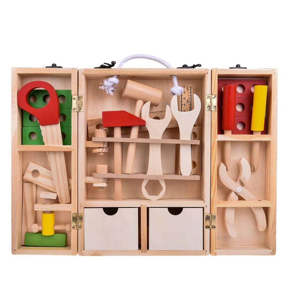 Wooden Tool Set Construction Toys in Durable Case for Kids Pretend Play