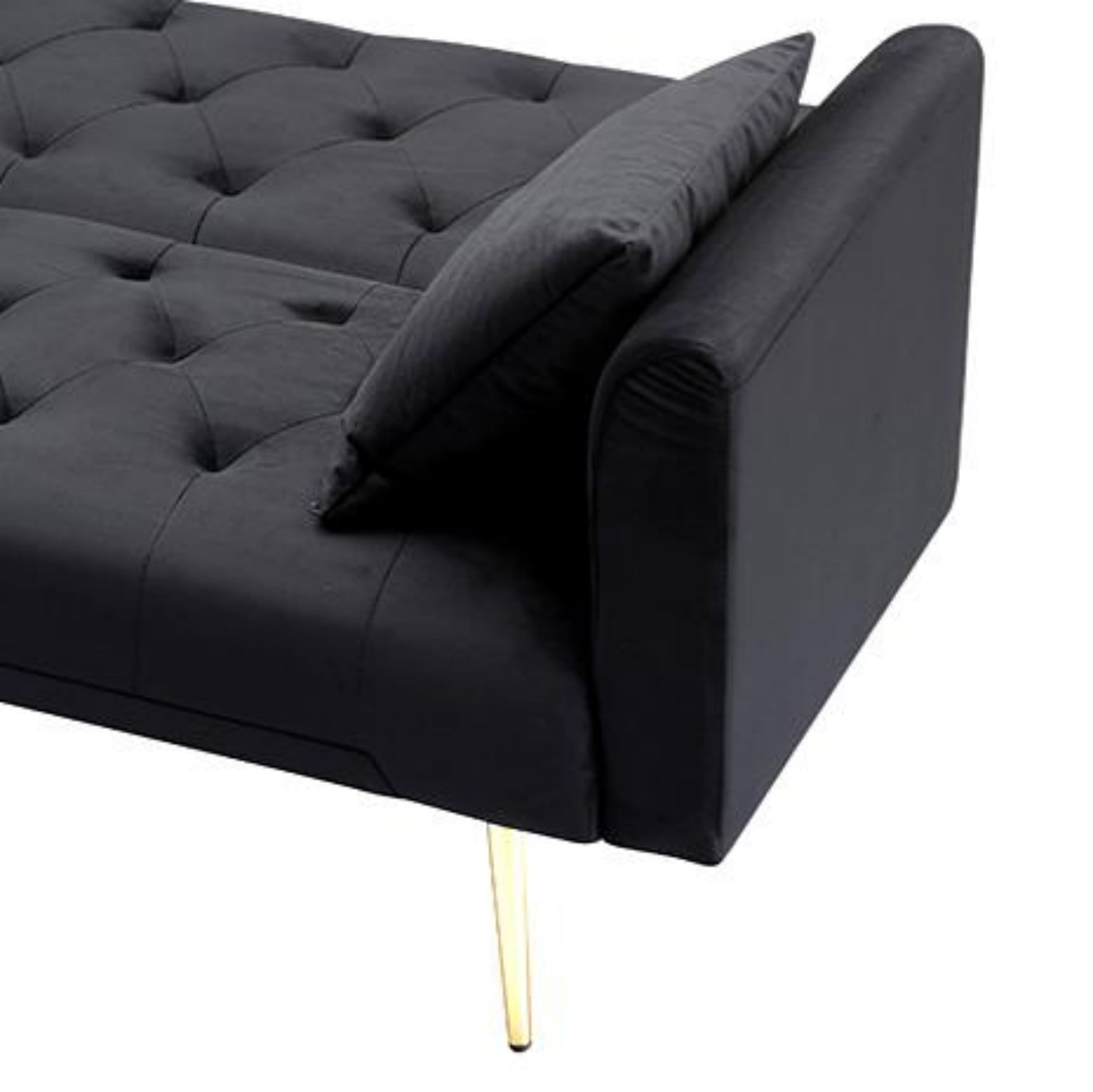 Jopath Velvet Futon Sofa Bed,Convertible Sleeper Couchwith Adjustable Backres & 2 Pillows for Small Spaces,Living Room,Black03