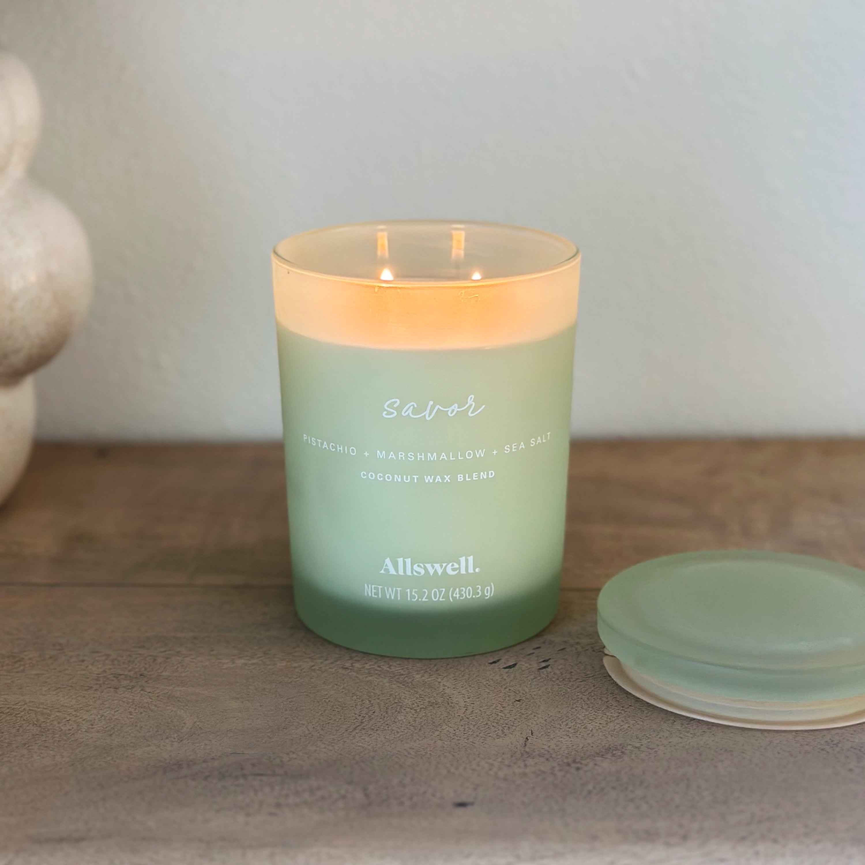 (4 pack) Allswell Savor (Pistachio + Marshmallow + Sea Salt) Scented 2-Wick Spa Jar Candle 15oz.