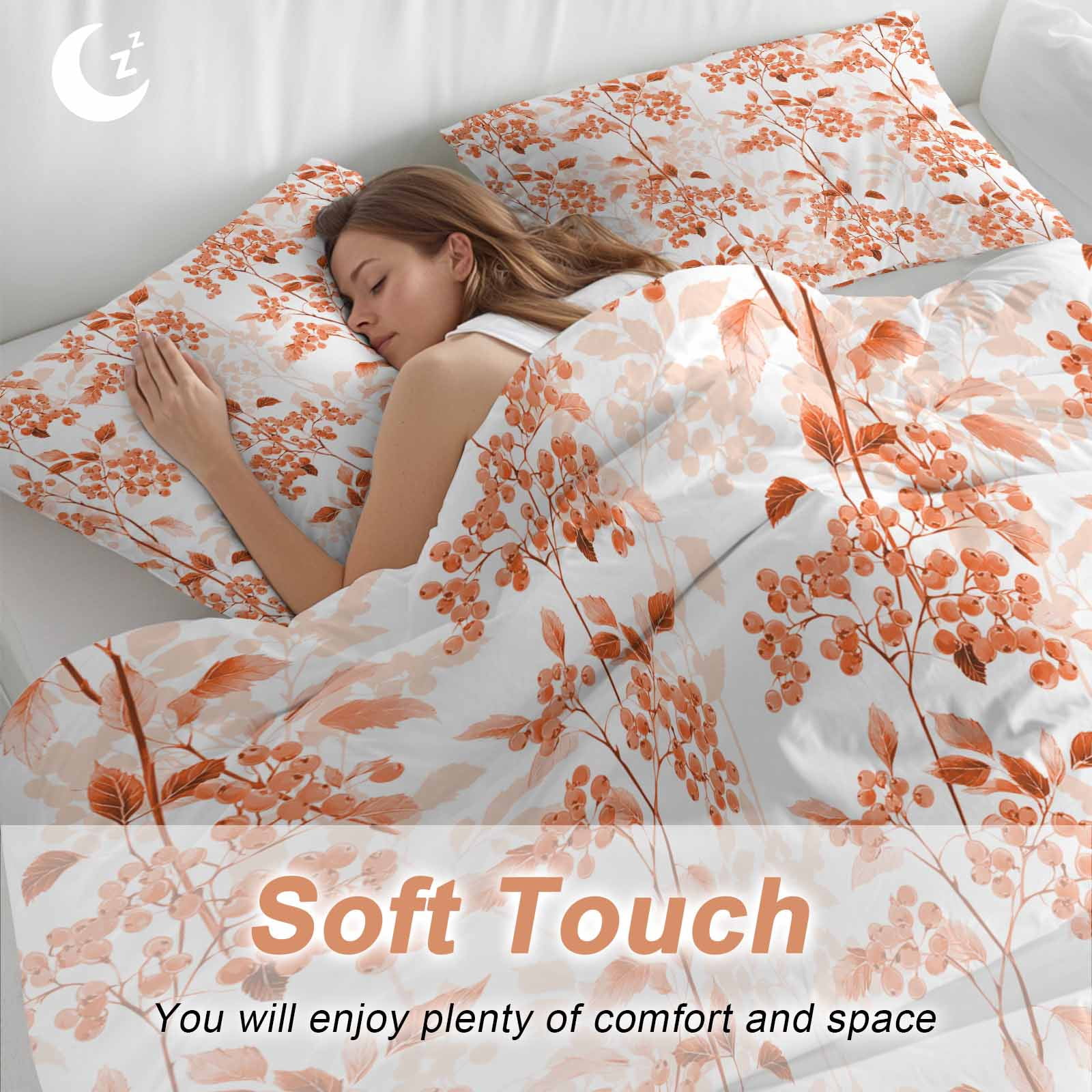 Burnt Orange Botanical Bedding 3 Piece Duvet Cover Set Full Size, Vintage Nature Flower Soft Microfiber Comforter Cover with Zipper Closure & Pillowcases, Wrinkle & FadeResistant Quilt Cover