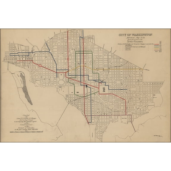 24"x36" Gallery Poster, map of street railways in washington d.c. 1880