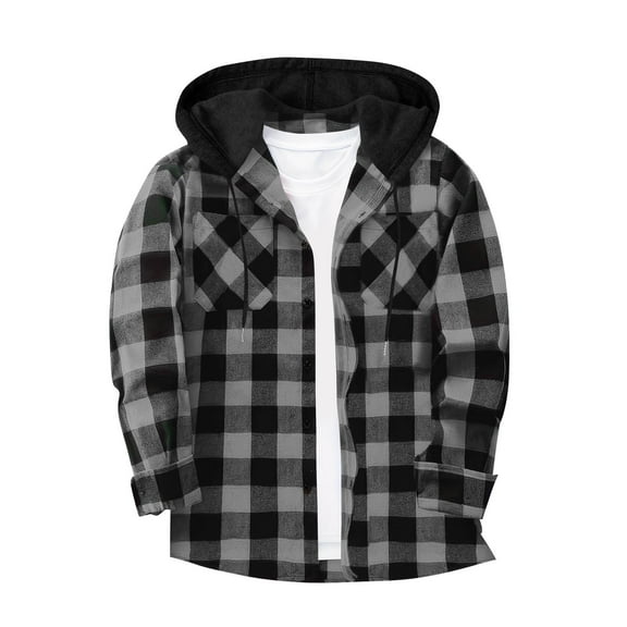 SYMOID Mens Flannel Hooded Shirt - Dark Gray, Long Sleeve Button Front, Soft Poly-Cotton Blend, Relaxed Fit with Chest Pockets & Adjustable Hood,Size 3XL