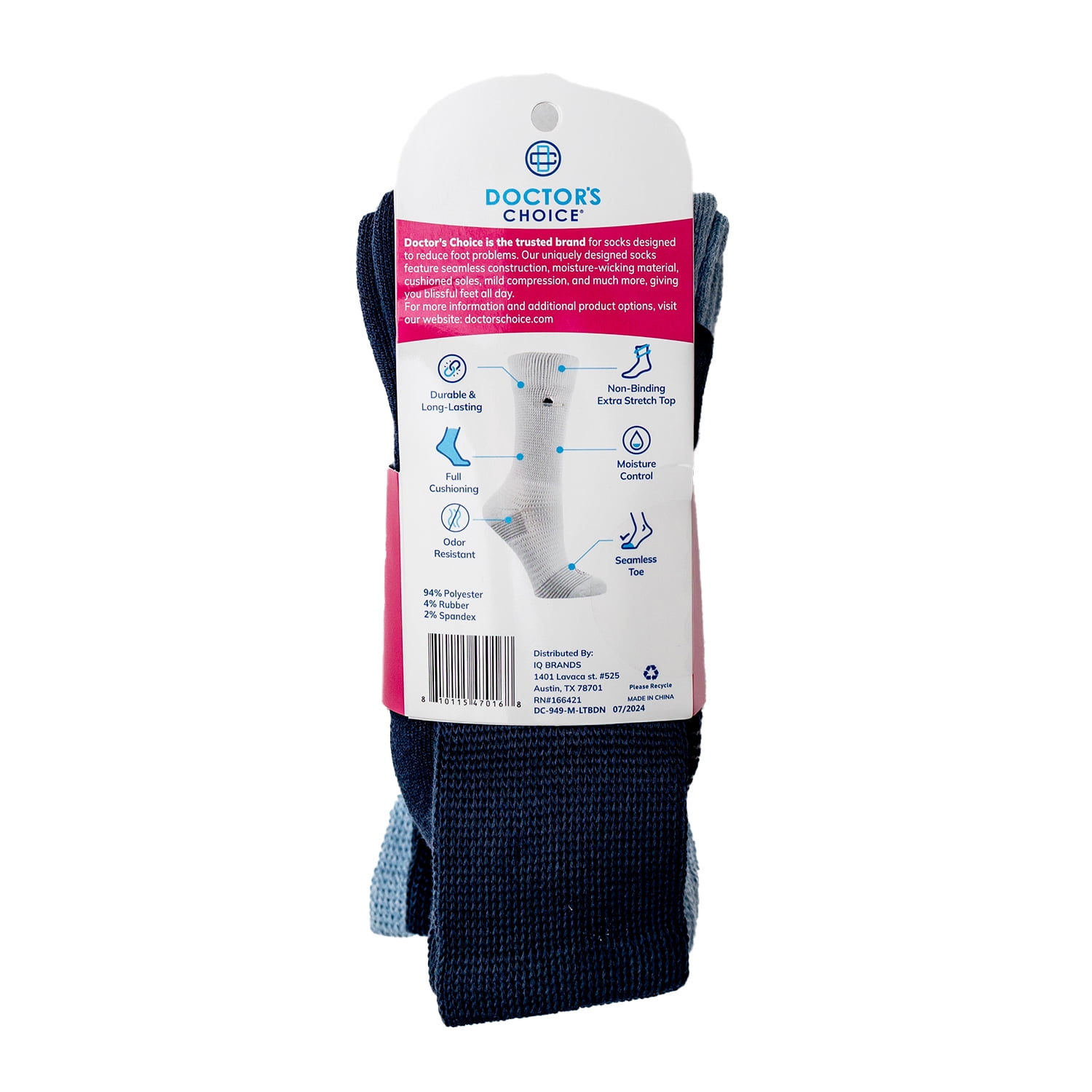 Doctor's Choice Diabetic Full Cushion Crew Women's Socks, Large, Women's Shoe Size 10-13, 4 Pack