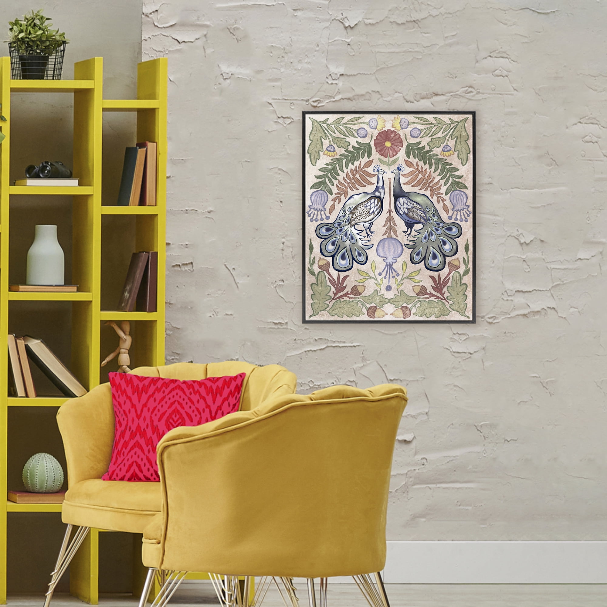 Stupell Industries Symmetrical Peacock & Flower Pattern Black Framed Giclee Art, design by Elizabeth Medley