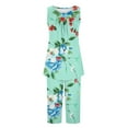 thumbnail image 4 of BiZtdJrK Womens 2 Piece Outfits Casual Sleeveless Tank Tops and Cropped Pants Lounge Set Trendy Print Pleated Crewneck Shirts Capris Sleepwear Suits Ofertas Flash Del Dia Mint Green M, 4 of 7