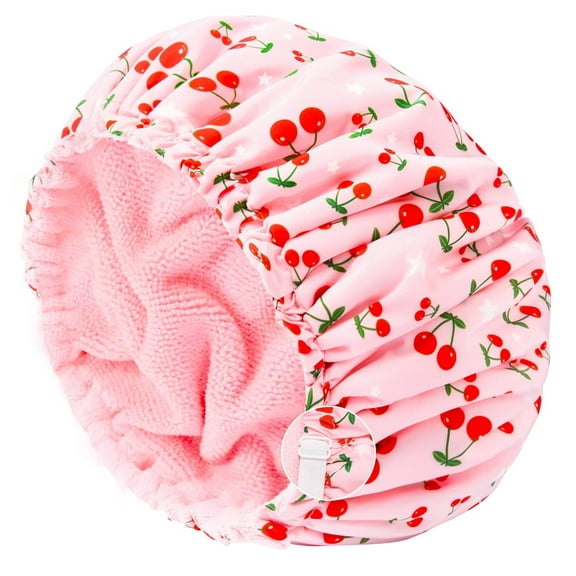 Shower Cap for Women Terry Lined Large Reusable Waterproof Elastic Band Soft Pink for Long Thick Hair