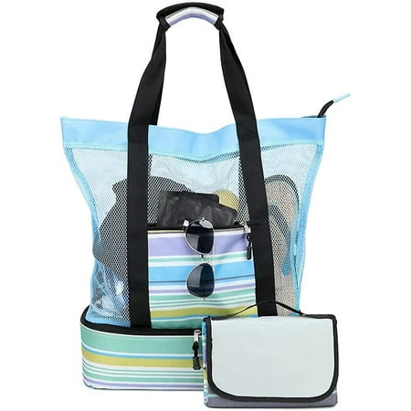 Large Mesh Beach Tote Bag With Picnic Blanket And Built-in Insulated ...