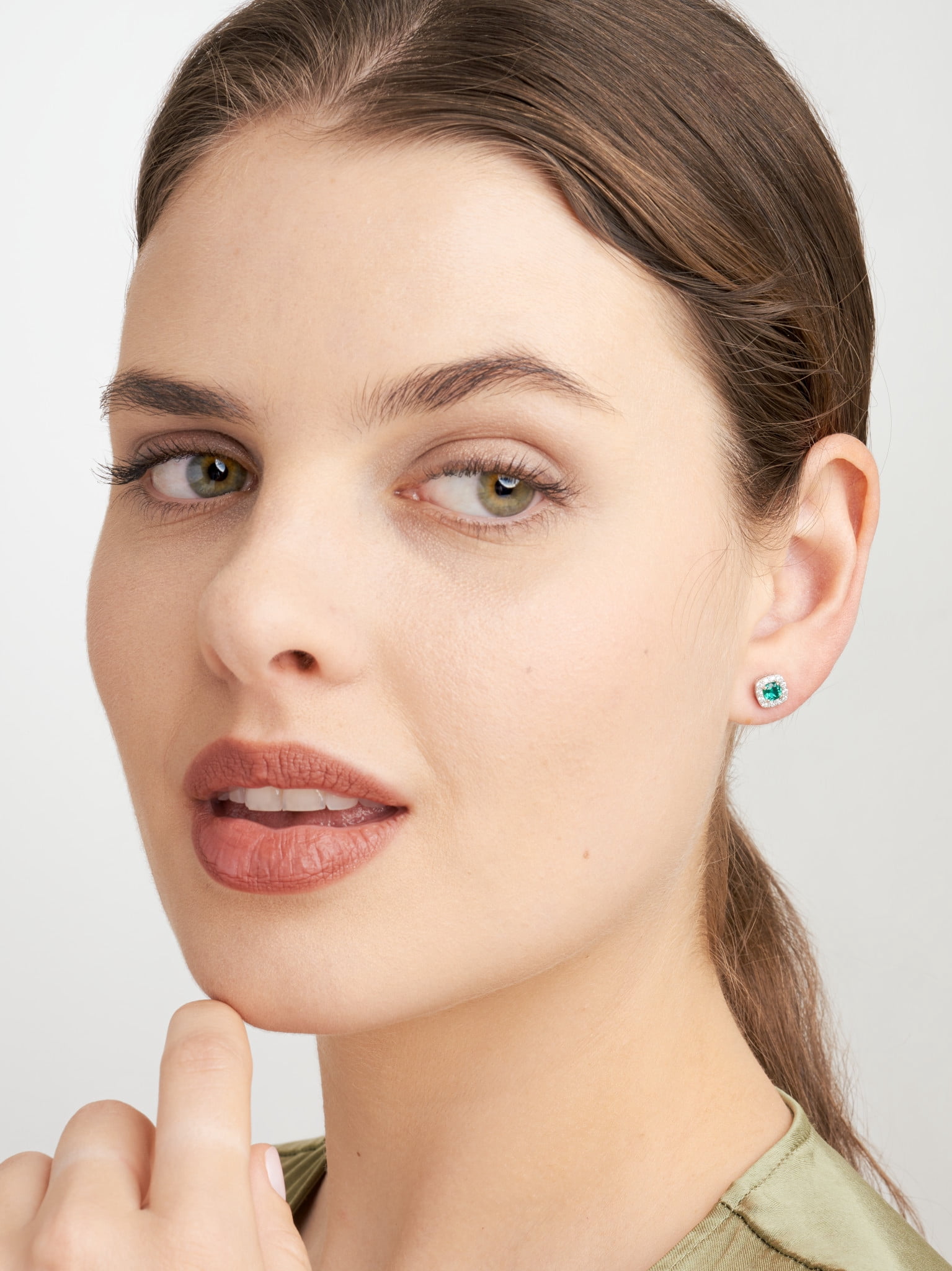 Forever Facets Women's Platinum over Sterling Silver Created Emerald and CZ Stud Earrings
