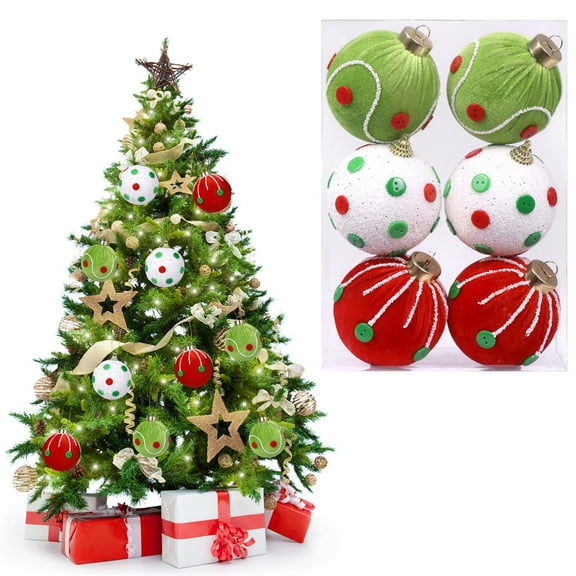 Axiiglly 6Pcs Christmas Balls Ornaments, 3.15" Glitter Shatterproof Christmas Balls Set, Variety Xmas Hanging Balls for Christmas Trees Decorations, Holiday Party Decor, Red Green White