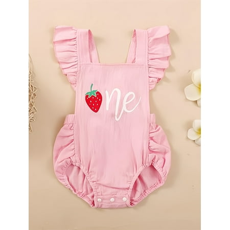 MORTTIC Baby Girls First Birthday Clothes Ruffle Strawberry One Romper Backless Bodysuit Cake Smash Outfits