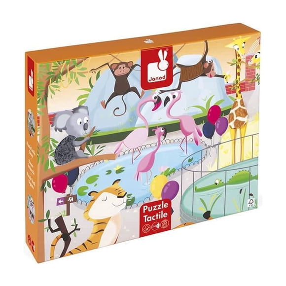 Janod • Puzzle Tactile Une Journée au Zoo • 20 Pièces • Puzzle en Carton de 65 x 50 cm avec Affiche • Jouet Éducatif Cadeau pour Enfants Garçons et Filles de 2 à 4 Ans • J02774