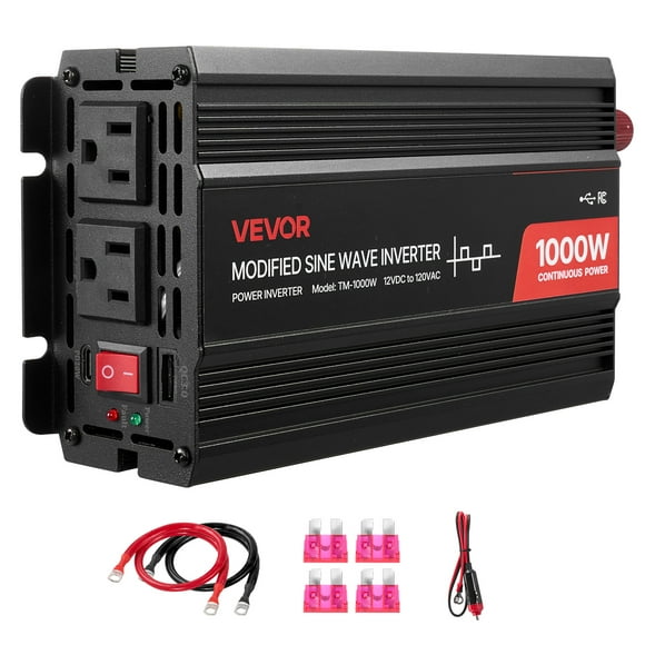 VEVOR 1000W Power Inverter, 12V DC to 120V AC Modified Sine Wave Inverter, Car Charger Converter with USB & Type-C Port, 2 AC Outlets, LED Indicator Light