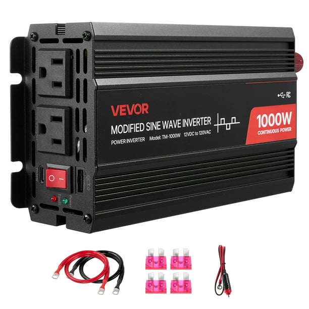 Inversor de corriente VEVOR de 1000 W, inversor de onda sinusoidal modificada de 12 V CC a 120 V CA, convertidor de cargador para coche con puerto USB y tipo C, 2 salidas de CA, luz indicadora LED