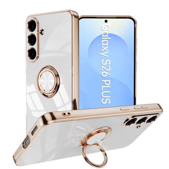 Electroplating Thin Lightweight Case for Samsung Galaxy S26 Plus, Shockproof Anti-Scratch Protective Cover with Ring Holder Stable Kickstand, Compatible with Magnetic Car Mount, White