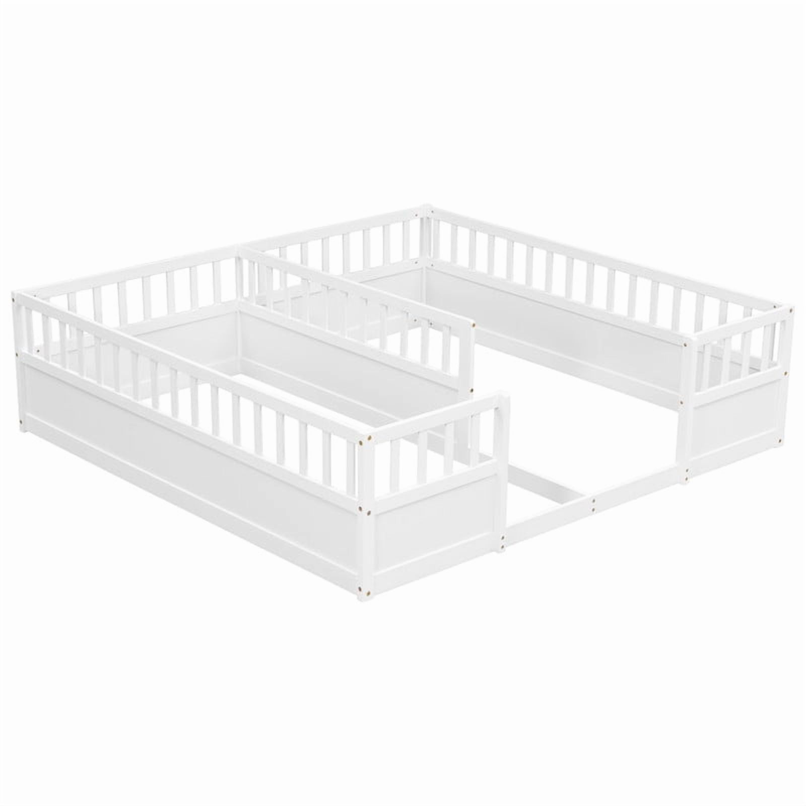 Twin Size Horizontal Floor Bunk Bed Frame with Semi-Enclosed Safety Guardrails, Wood Low Profile Kids Bed with Open Entrance