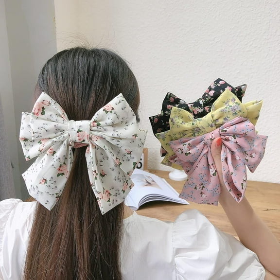 Big Bow Hair Clips Barrettes Large Bowknot Butterfly Chiffon Hairpins Retro French Style Hair Accessories 4PCS for Women Girls Thick Hair (floral print) Hair Ties Cute Ponytail Holder Metal Hair Pins