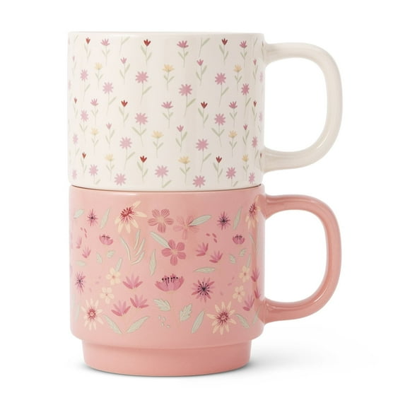 Thyme & Table 14.2 fl oz Floral Pink and White Stoneware Stacking Mugs, Set of 2