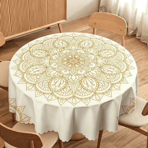 Odenmar 60 inch Round Tablecloth, Featuring Gold Mandala Floral Pattern, Made from Polyester Fabric for Dining Kitchen Party Home Decor