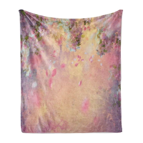Nature Soft Flannel Fleece Throw Blanket, Abstract Composition of Japanese Flourishing Spring Nature in Asia, Cozy Plush for Indoor and Outdoor Use, 50" x 60", Peach Lavender, by Ambesonne