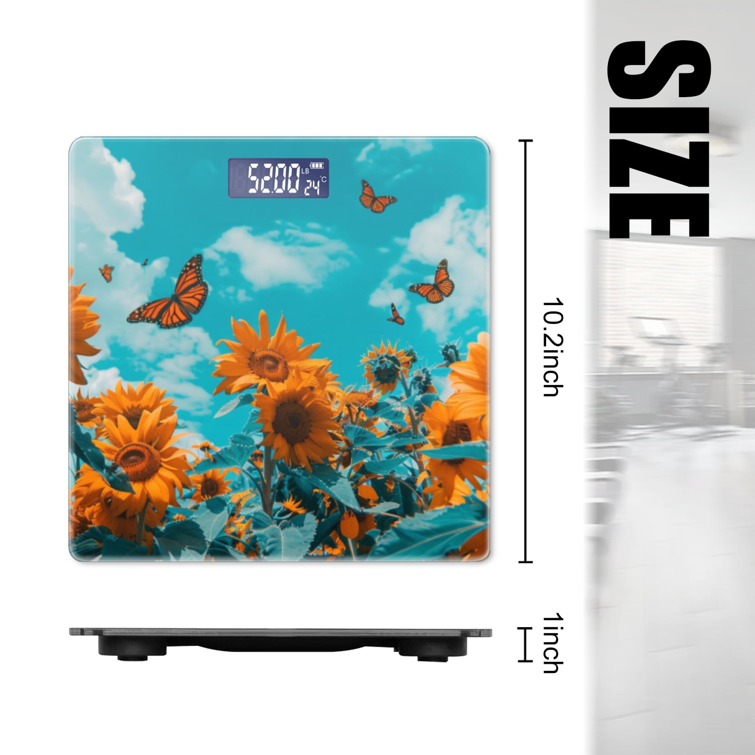 Bathroom Scale, Highly Accurate Digital Body Scale,Precisely Measures Weight up to 400 lbs-Sunflowers And Butterflies In The Sky With Blue Sky
