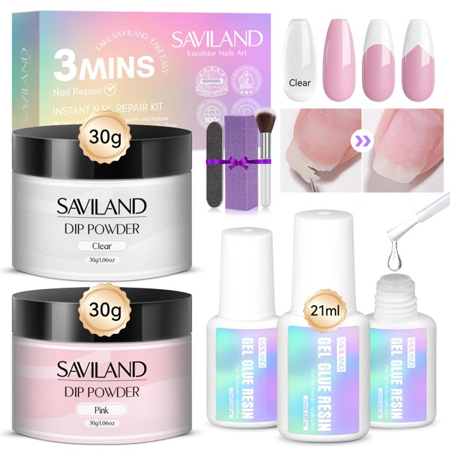 Kit de reparación de uñas SAVILAND en polvo, 2 x 30 g, 21 ml, pegamento
