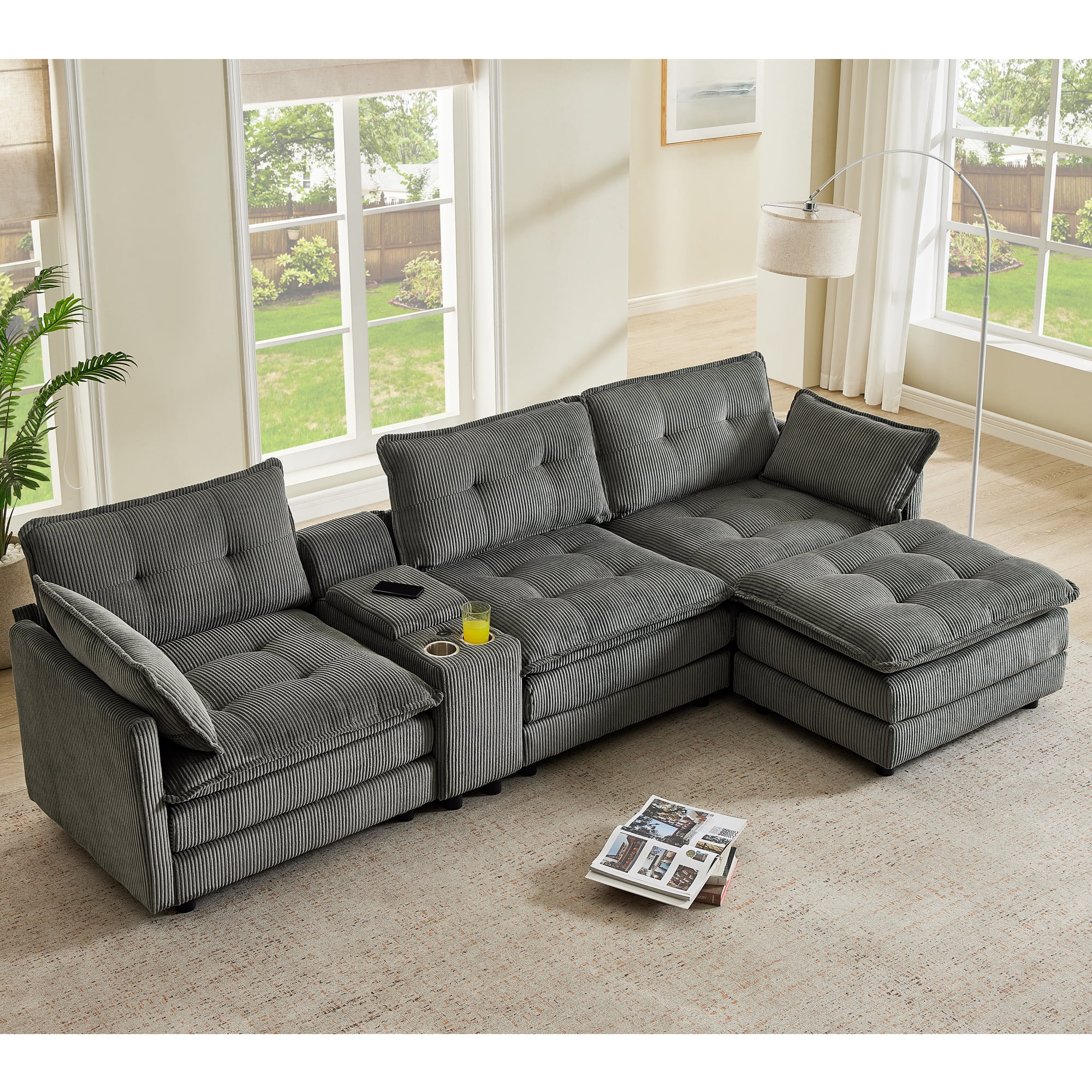 Gewnee 119" L-Shaped Sectional Sofa,Modern Corduroy Modular Sofa Couch with Storage Function,USB &Cup Holders,Movable Ottoman Sectional Couch for Living Room,Gray