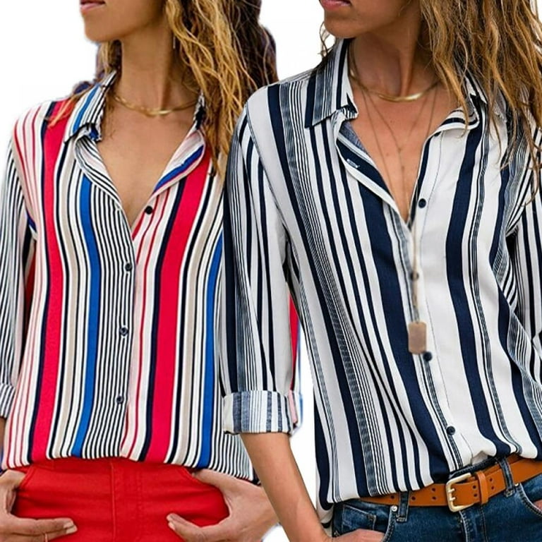 Chiffon Stripe V- neck Single-breasted Long Sleeve Shirt Chiffon Stripe V- neck Single-breasted Long Sleeve Shirt