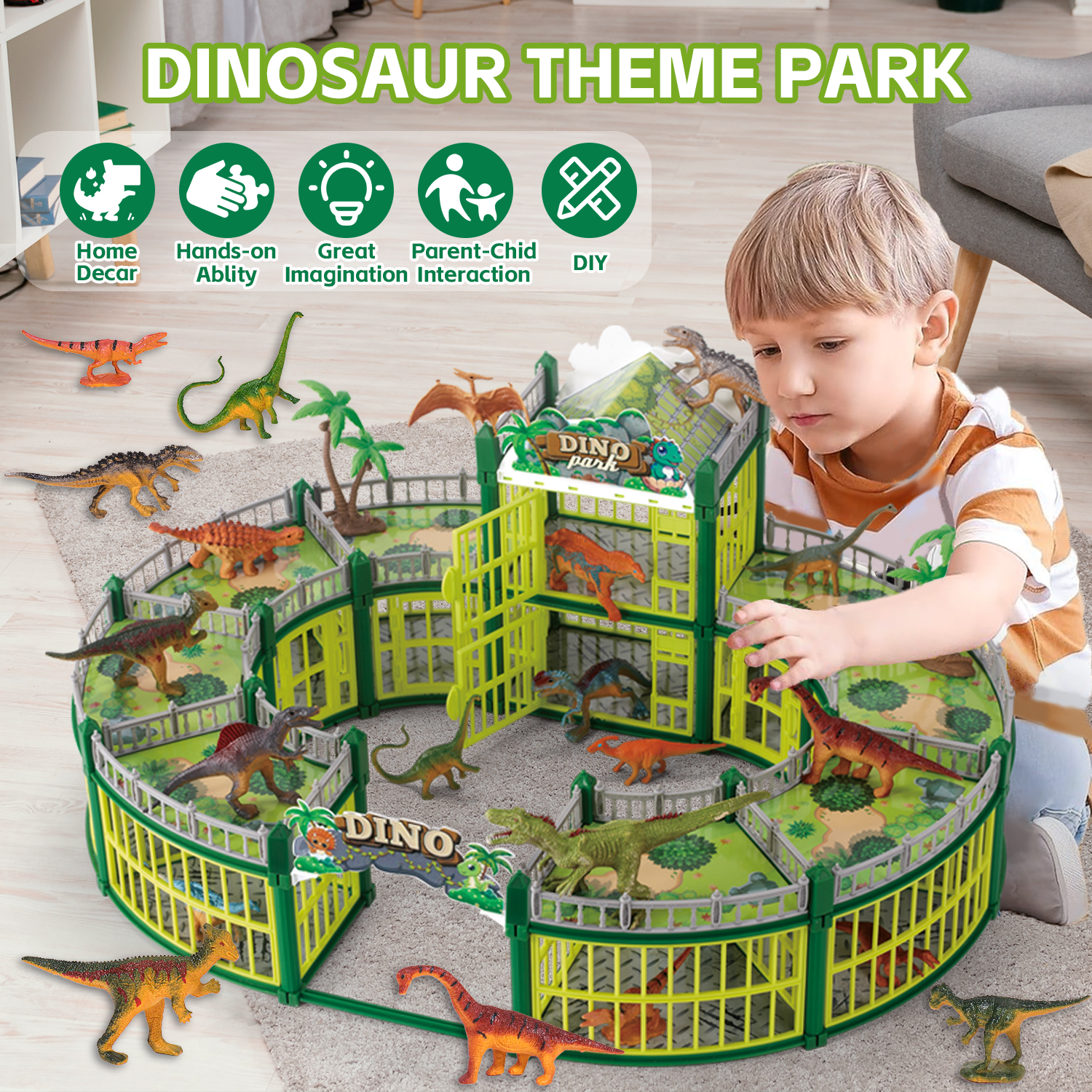 LINXUXIE 215PCS Dinosaur House Play Set, Dinosaur Theme Park with 36 Realistic Dinos and Large Battle Cage, Dinosaur Toy for 1-3 3-5 5-8 Year Old